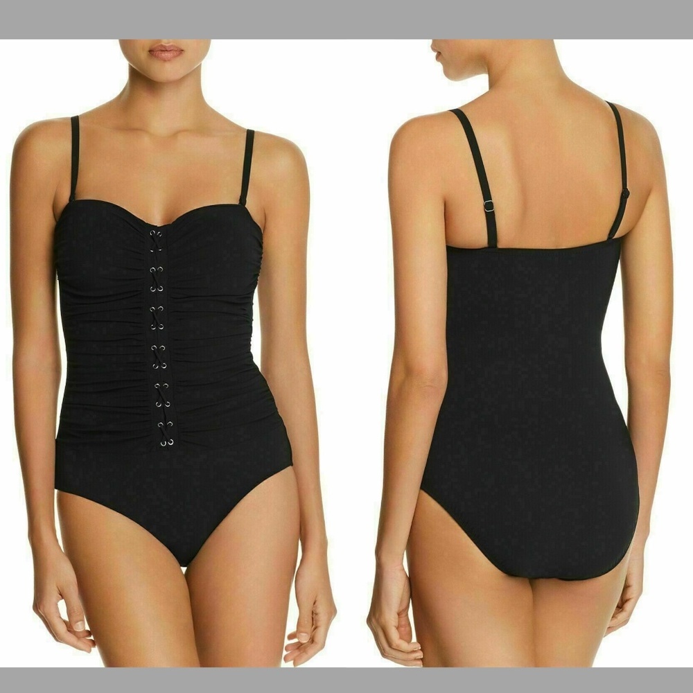 NWT $128 Profile by Gottex Lace-Up Strapless One-Piece Swimsuit‎ Black [ 8 ]